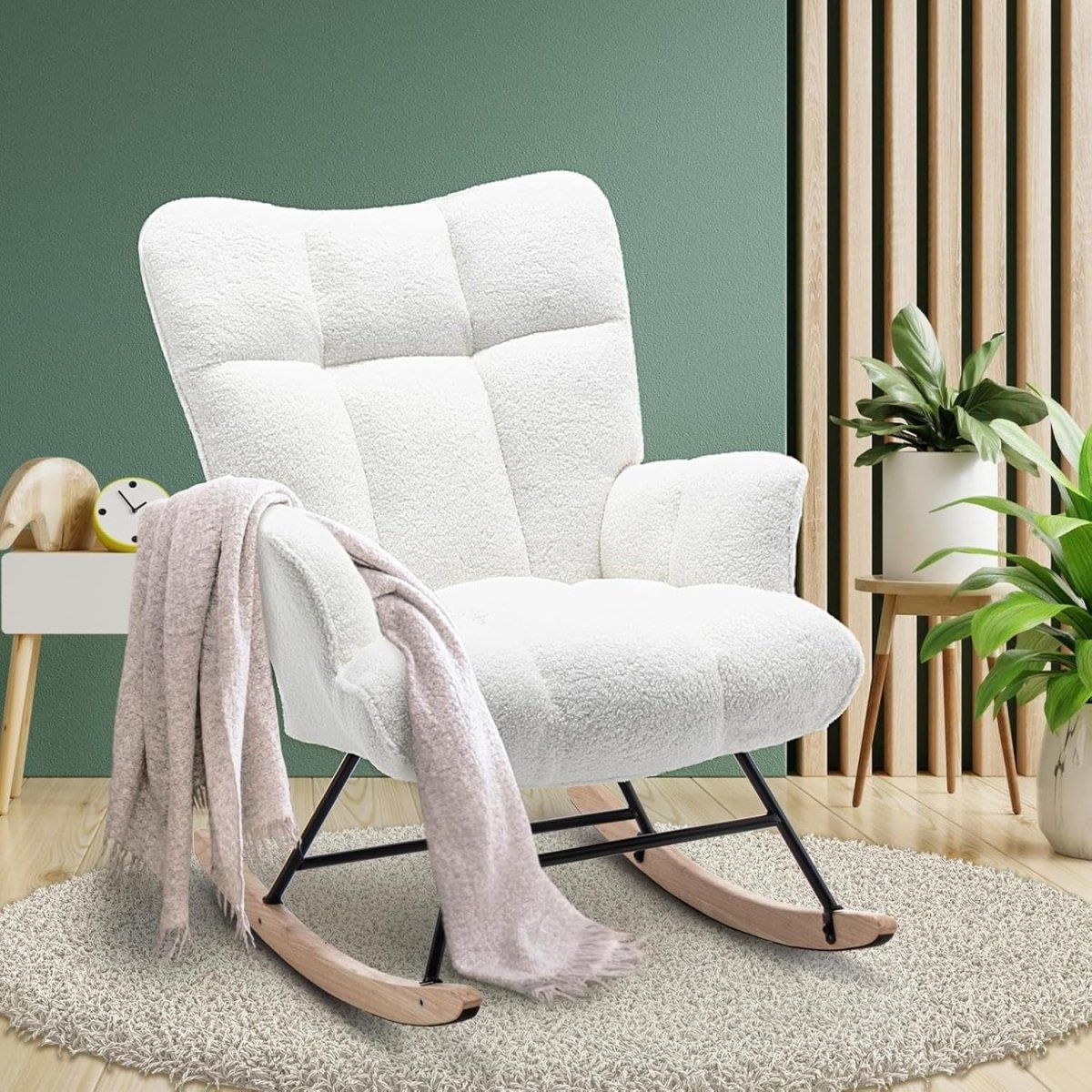 Rocking Chair Nursery Teddy Upholstered Glider Rocker Chair Padded Seat with High Backrest Armchair Comfy Nursing Chair Indoor for Living Room Bedroom, White - LittleTreasures