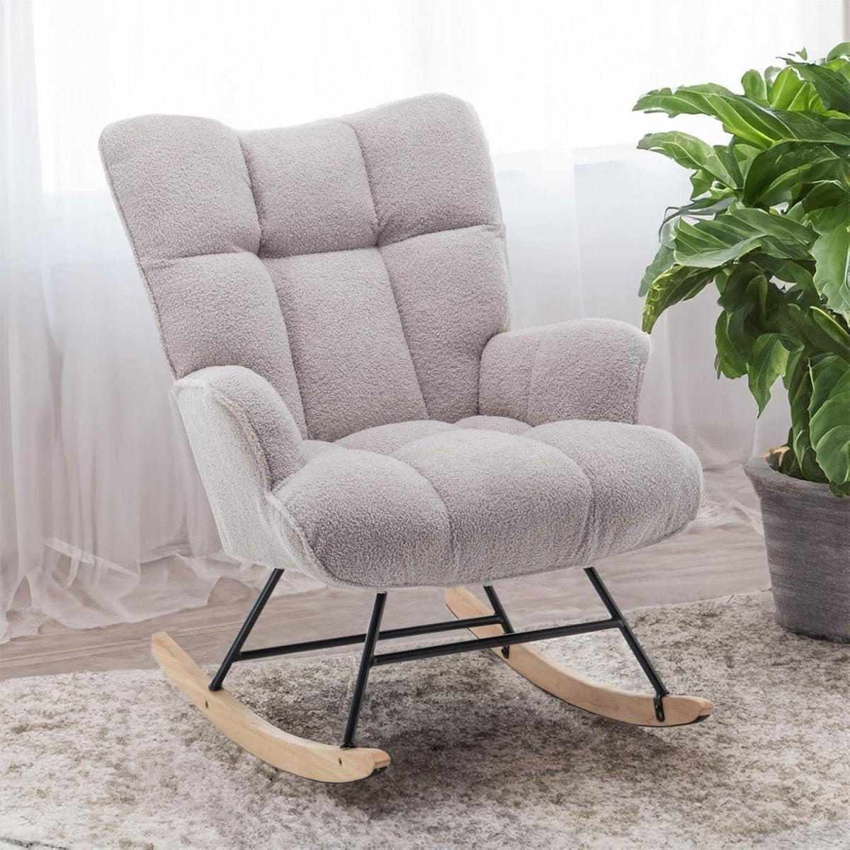 Rocking Chair Nursery Teddy Upholstered Glider Rocker Chair Padded Seat with High Backrest Armchair Comfy Nursing Chair Indoor for Living Room Bedroom, White - LittleTreasures