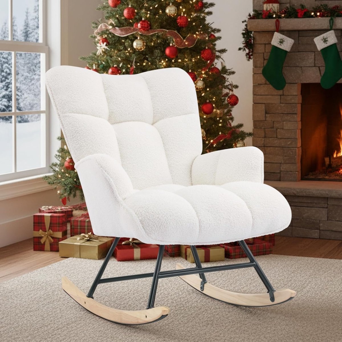 Rocking Chair Nursery Teddy Upholstered Glider Rocker Chair Padded Seat with High Backrest Armchair Comfy Nursing Chair Indoor for Living Room Bedroom, White - LittleTreasures