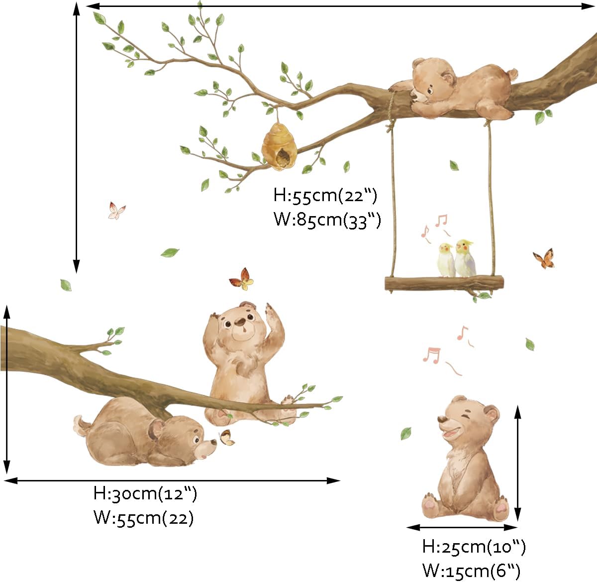 Runtoo Bear Wall Stickers Woodland Animal Tree Branch Wall Decals for Kids Bedroom Baby Nursery Home Decor - LittleTreasures