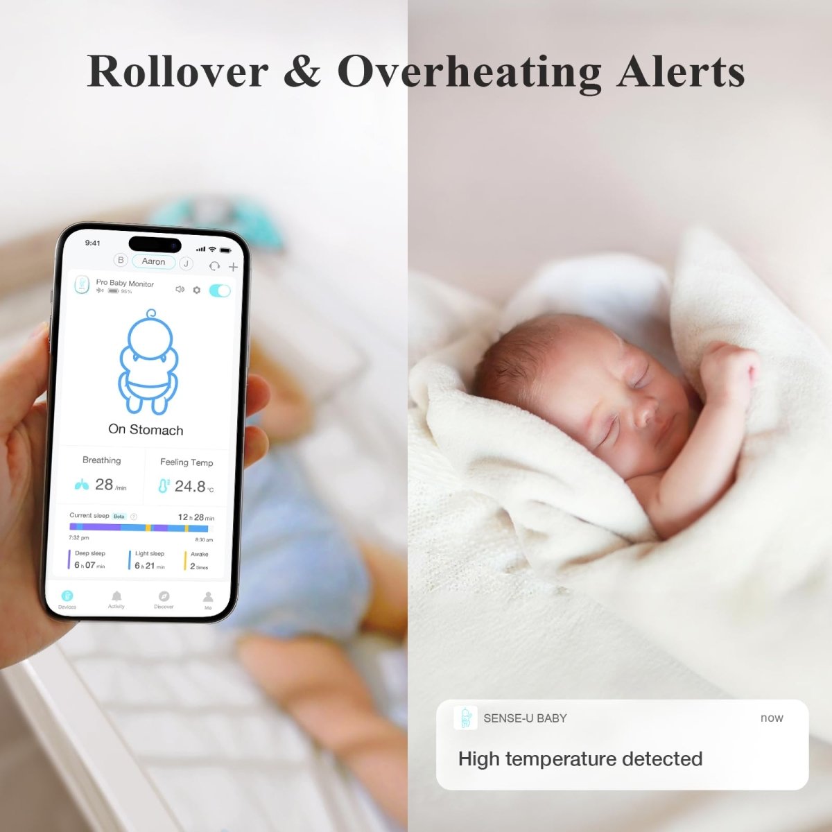 Sense - U Smart Baby Monitor Pro with Arousal Vibration, Audible and App Alerts: Tracks Abdominal Movement, Rollover, Feeling Temperature, Portable & Wearable Smart Sleep Monitor, Blue - LittleTreasures