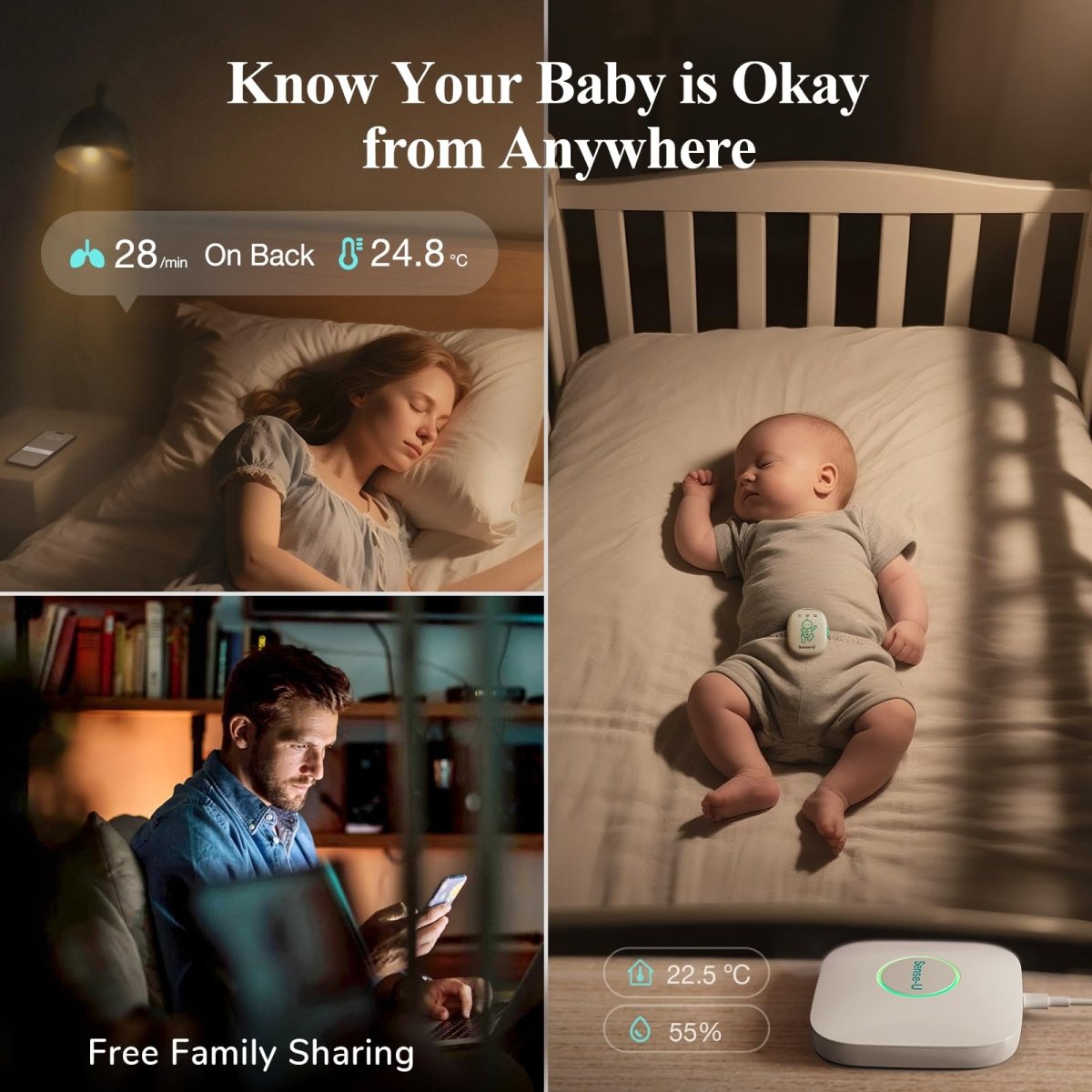 Sense - U Smart Baby Monitor Pro with Arousal Vibration, Audible and App Alerts: Tracks Abdominal Movement, Rollover, Feeling Temperature, Portable & Wearable Smart Sleep Monitor, Blue - LittleTreasures