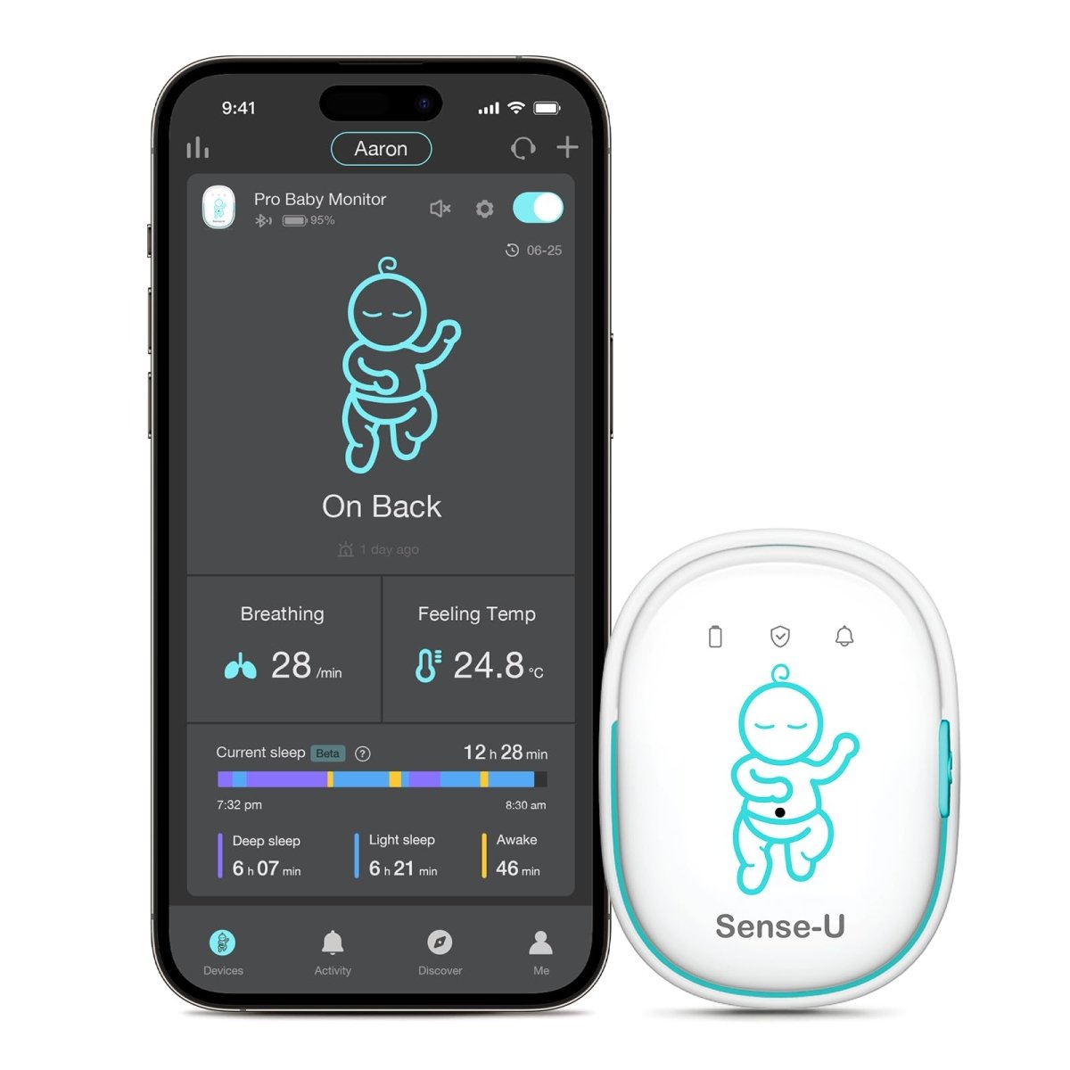 Sense - U Smart Baby Monitor Pro with Arousal Vibration, Audible and App Alerts: Tracks Abdominal Movement, Rollover, Feeling Temperature, Portable & Wearable Smart Sleep Monitor, Blue - LittleTreasures