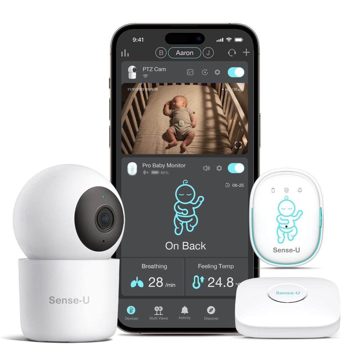 Sense - U Smart Baby Monitor Pro with Arousal Vibration, Audible and App Alerts: Tracks Abdominal Movement, Rollover, Feeling Temperature, Portable & Wearable Smart Sleep Monitor, Blue - LittleTreasures