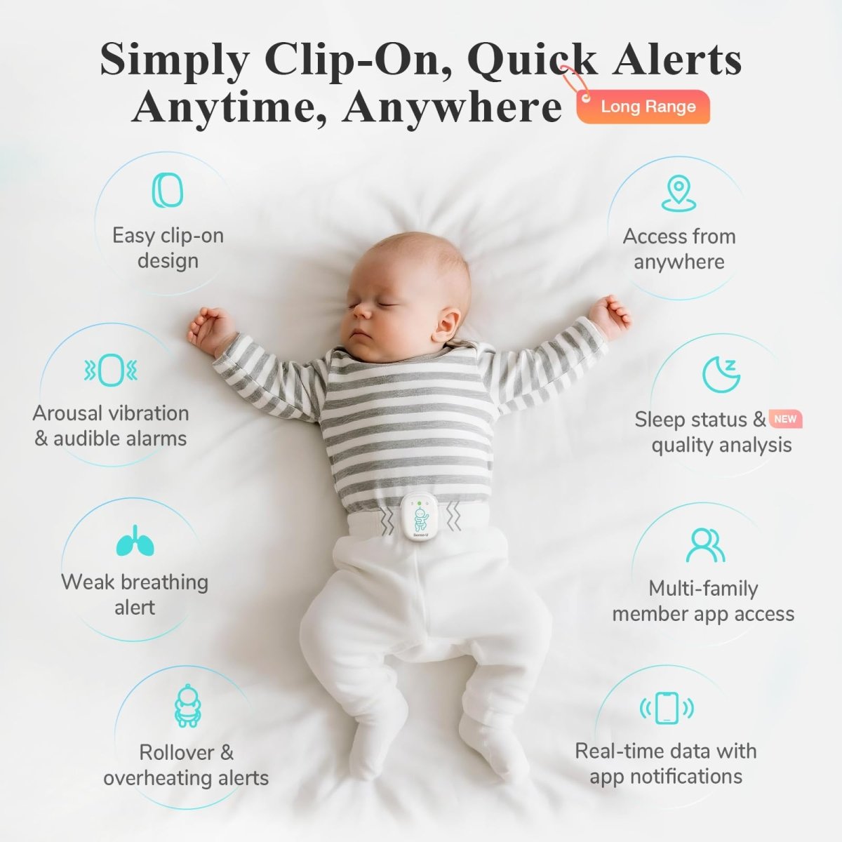 Sense - U Smart Baby Monitor Pro with Arousal Vibration, Audible and App Alerts: Tracks Abdominal Movement, Rollover, Feeling Temperature, Portable & Wearable Smart Sleep Monitor, Blue - LittleTreasures