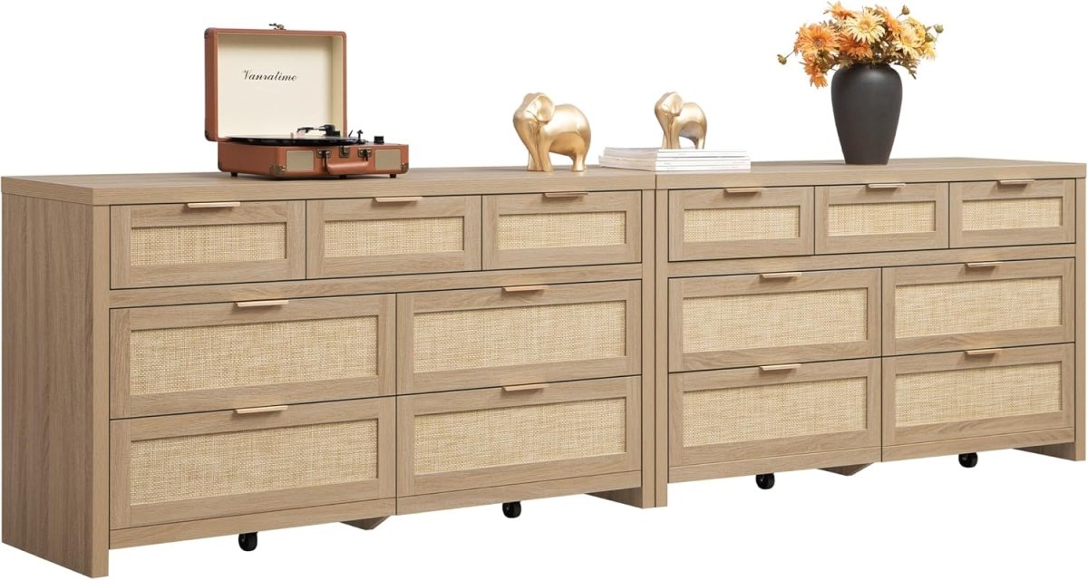 Sicotas 7 Drawer Dresser for Bedroom, 57" Wide Rattan Dressers for Nursery, Living Room TV Stand,Boho Closet Organizer Chest of Drawers, Clothes Storage Chest (Reclaimed Caramel Oak, 1 Piece) - LittleTreasures