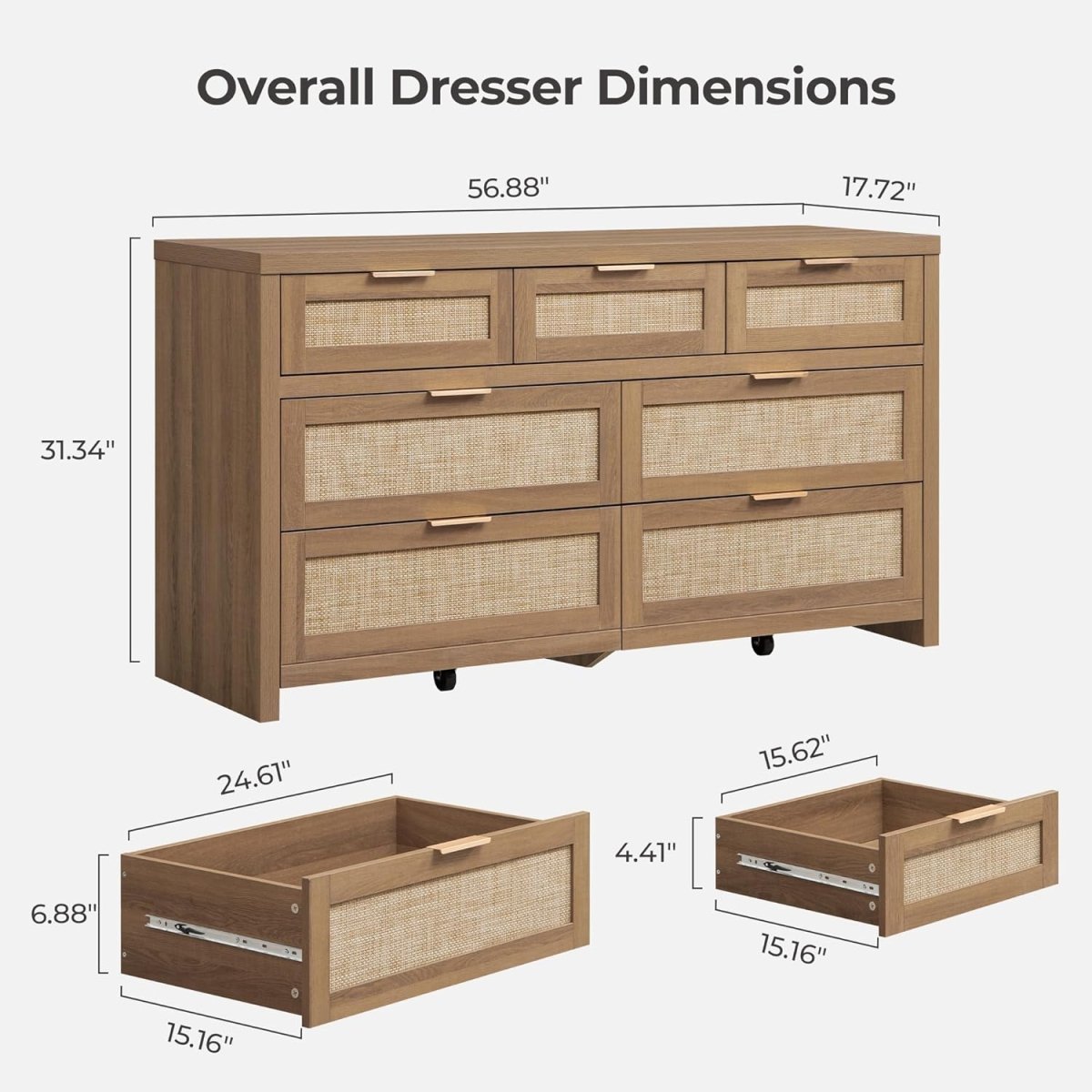 Sicotas 7 Drawer Dresser for Bedroom, 57" Wide Rattan Dressers for Nursery, Living Room TV Stand,Boho Closet Organizer Chest of Drawers, Clothes Storage Chest (Reclaimed Caramel Oak, 1 Piece) - LittleTreasures