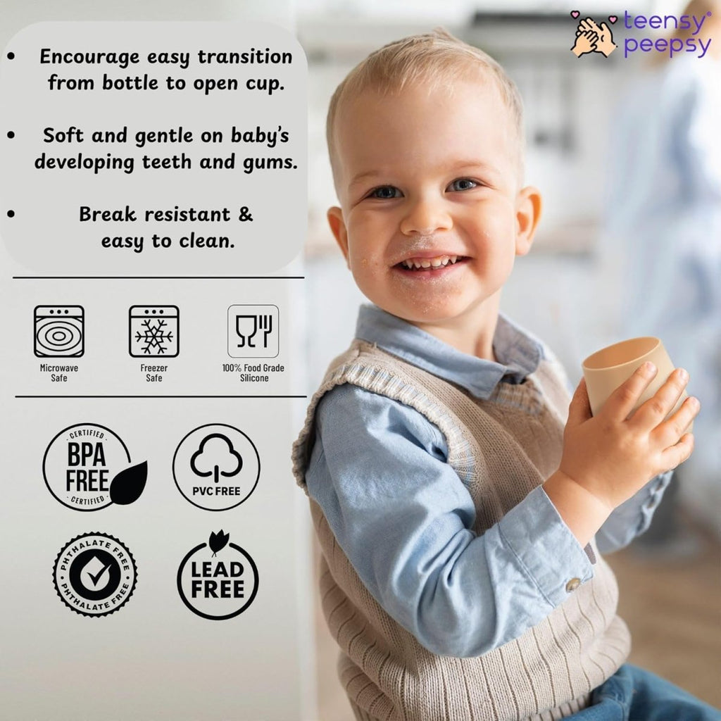 Silicone Training Cups for Babies 4 Months+ | Tiny Transition Cups for Baby Boy, Baby Cup 6 - 12 Months, Set of 2 Open Cups 2oz, Baby Essentials (Aquamarine) - LittleTreasures