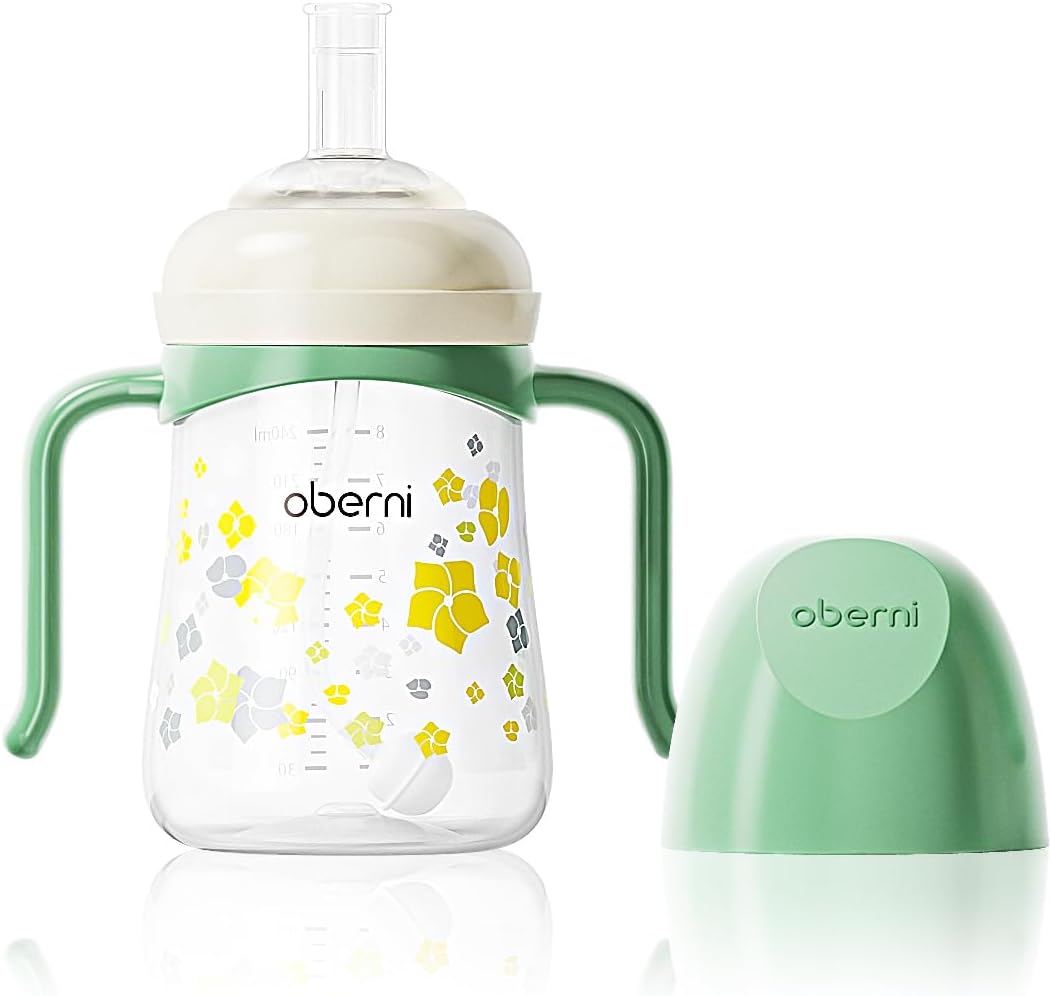 Sippy Cup, Weighted Straw Trainer Cup for Baby, Toddler Drinks Water Bottle with Leak - Proof Valve Spout for 6+ Months, No Spill Training Cup with Handles for 12+ Months, 240ml/Green - LittleTreasures