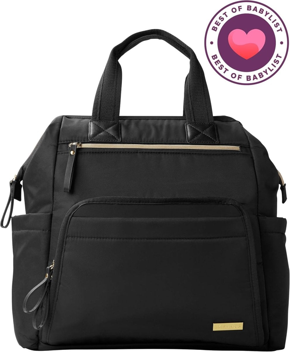 Skip Hop Diaper Bag Backpack: Mainframe Large Capacity Wide Open Structure with Changing Pad & Stroller Attachement, Black with Gold Trim - LittleTreasures