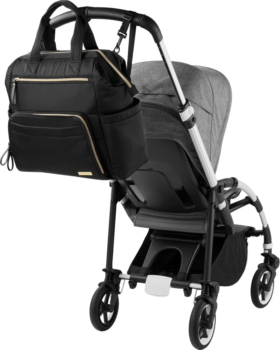 Skip Hop Diaper Bag Backpack: Mainframe Large Capacity Wide Open Structure with Changing Pad & Stroller Attachement, Black with Gold Trim - LittleTreasures