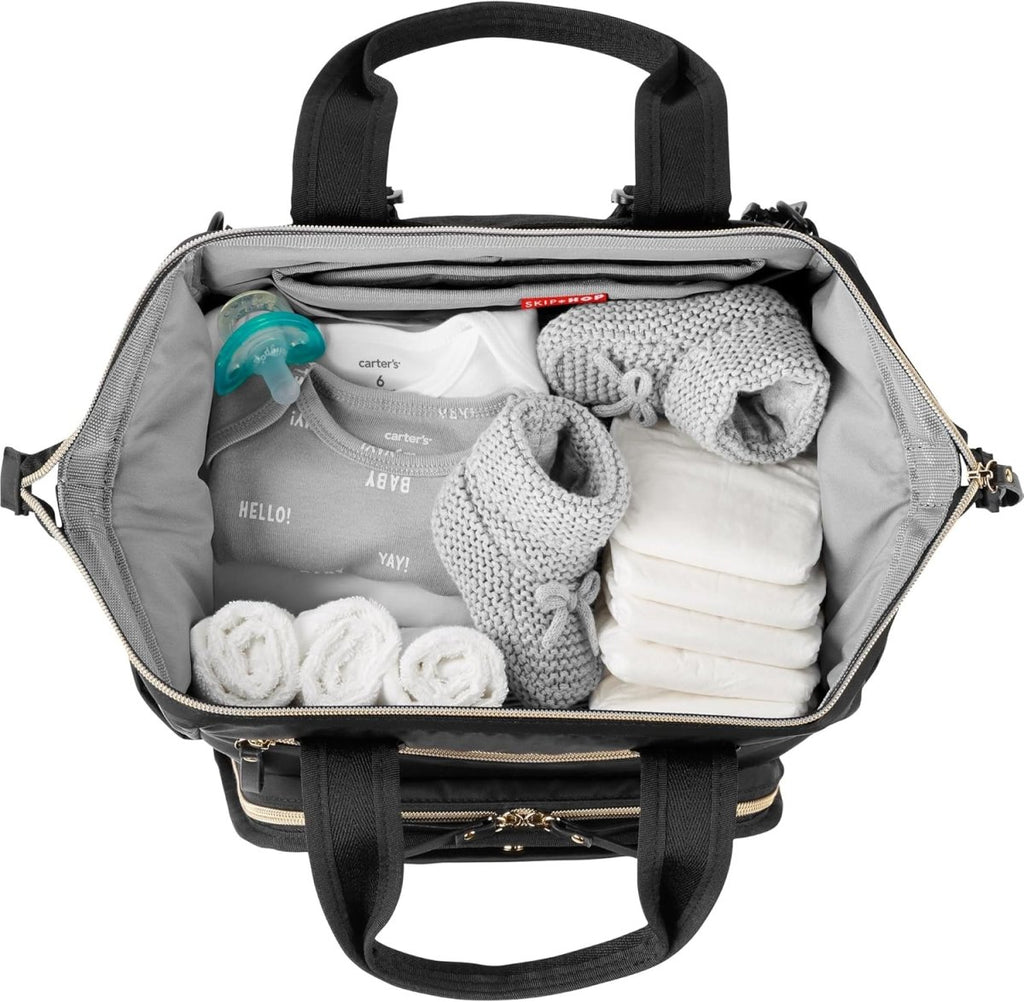 Skip Hop Diaper Bag Backpack: Mainframe Large Capacity Wide Open Structure with Changing Pad & Stroller Attachement, Black with Gold Trim - LittleTreasures