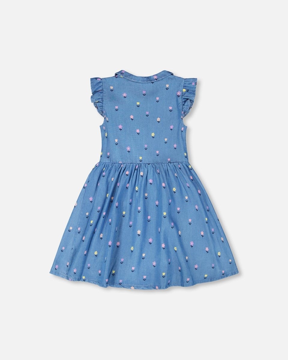 Sleeveless Button Down Dress Blue Flower Print - LittleTreasures