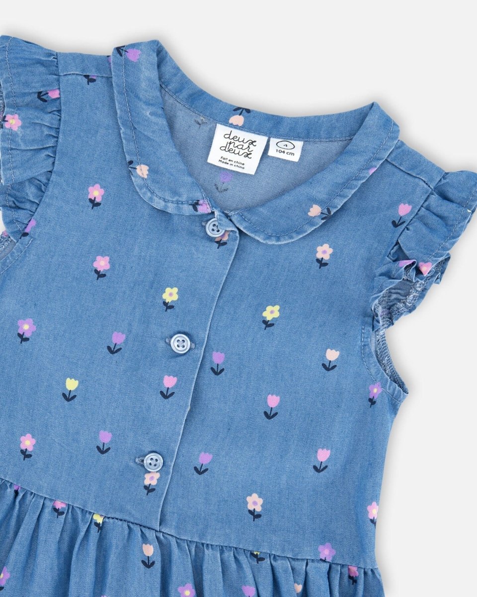 Sleeveless Button Down Dress Blue Flower Print - LittleTreasures