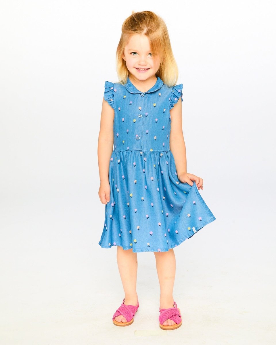 Sleeveless Button Down Dress Blue Flower Print - LittleTreasures