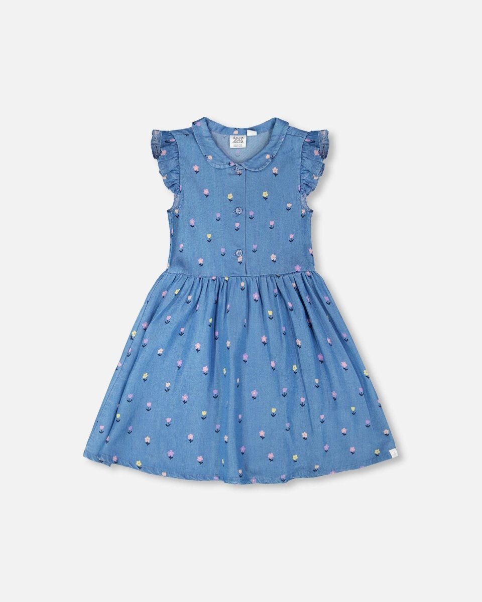 Sleeveless Button Down Dress Blue Flower Print - LittleTreasures