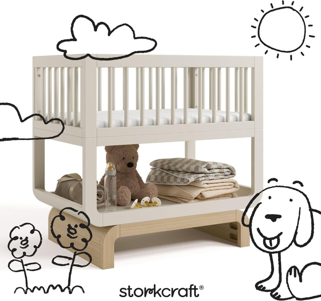 Storkcraft Santorini Deluxe 3 - in - 1 Convertible Bassinet (Frosted Oat with Driftwood) – GREENGUARD Gold Certified Wood Baby Bassinet, Includes Water - Resistant Mattress, Converts to Toy Box and Bookcase - LittleTreasures