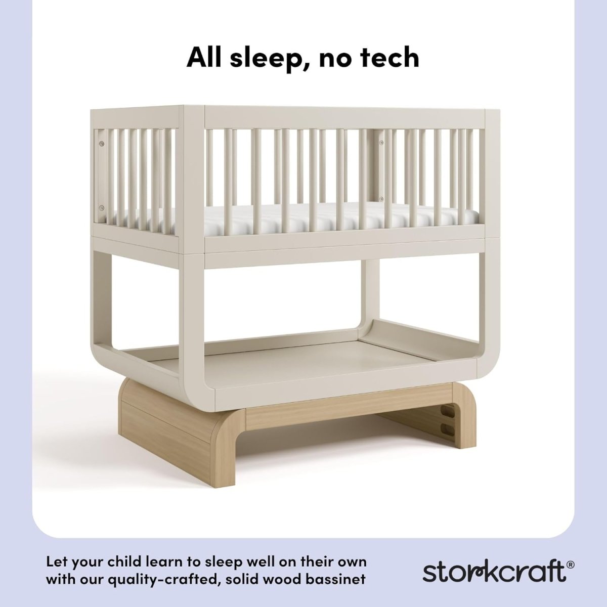 Storkcraft Santorini Deluxe 3 - in - 1 Convertible Bassinet (Frosted Oat with Driftwood) – GREENGUARD Gold Certified Wood Baby Bassinet, Includes Water - Resistant Mattress, Converts to Toy Box and Bookcase - LittleTreasures