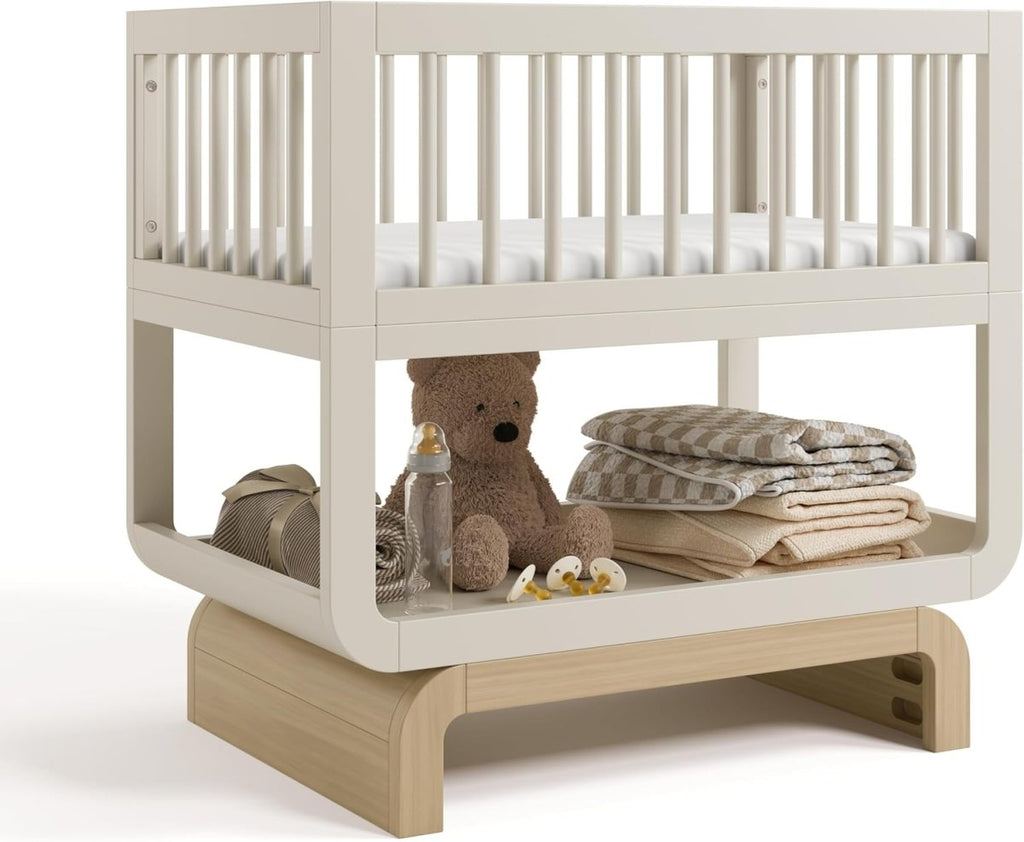 Storkcraft Santorini Deluxe 3 - in - 1 Convertible Bassinet (Frosted Oat with Driftwood) – GREENGUARD Gold Certified Wood Baby Bassinet, Includes Water - Resistant Mattress, Converts to Toy Box and Bookcase - LittleTreasures