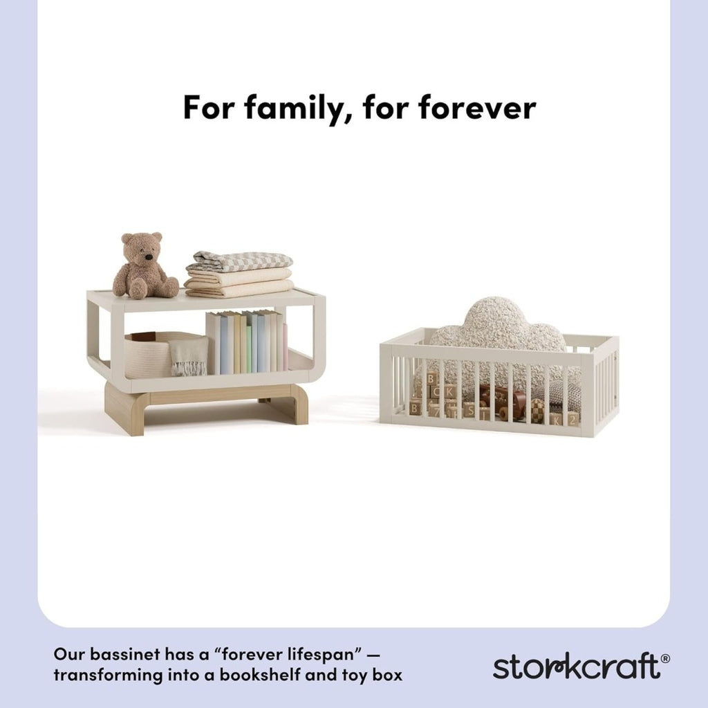 Storkcraft Santorini Deluxe 3 - in - 1 Convertible Bassinet (Frosted Oat with Driftwood) – GREENGUARD Gold Certified Wood Baby Bassinet, Includes Water - Resistant Mattress, Converts to Toy Box and Bookcase - LittleTreasures