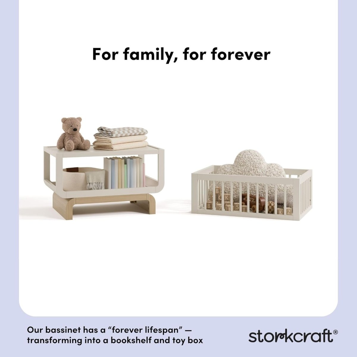 Storkcraft Santorini Deluxe 3 - in - 1 Convertible Bassinet (Frosted Oat with Driftwood) – GREENGUARD Gold Certified Wood Baby Bassinet, Includes Water - Resistant Mattress, Converts to Toy Box and Bookcase - LittleTreasures