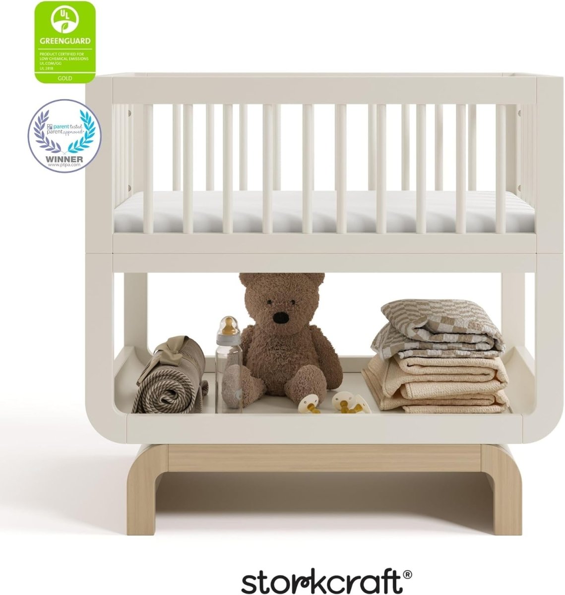 Storkcraft Santorini Deluxe 3 - in - 1 Convertible Bassinet (Frosted Oat with Driftwood) – GREENGUARD Gold Certified Wood Baby Bassinet, Includes Water - Resistant Mattress, Converts to Toy Box and Bookcase - LittleTreasures