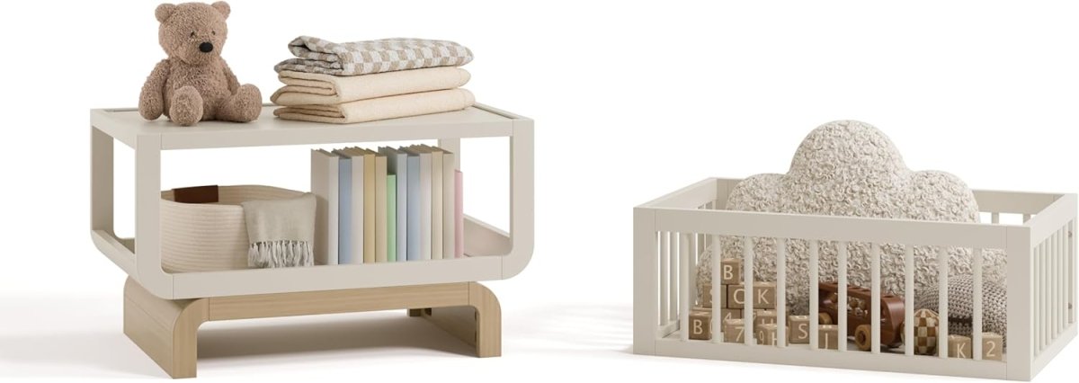 Storkcraft Santorini Deluxe 3 - in - 1 Convertible Bassinet (Frosted Oat with Driftwood) – GREENGUARD Gold Certified Wood Baby Bassinet, Includes Water - Resistant Mattress, Converts to Toy Box and Bookcase - LittleTreasures