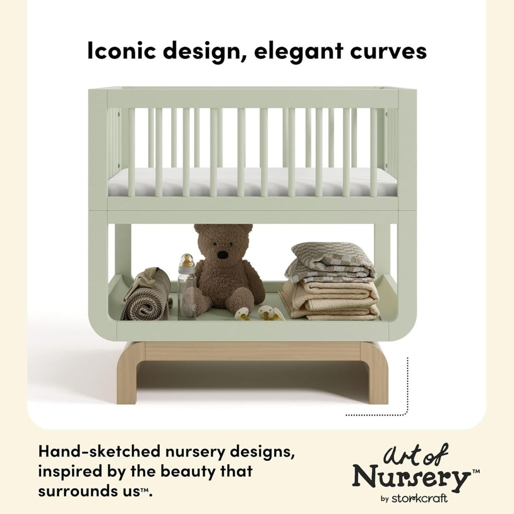 Storkcraft Santorini Deluxe 3 - in - 1 Convertible Bassinet (Sage with Driftwood) – GREENGUARD Gold Certified Wood Baby Bassinet, Includes Water - Resistant Mattress, Converts to Toy Box and Bookcase - LittleTreasures