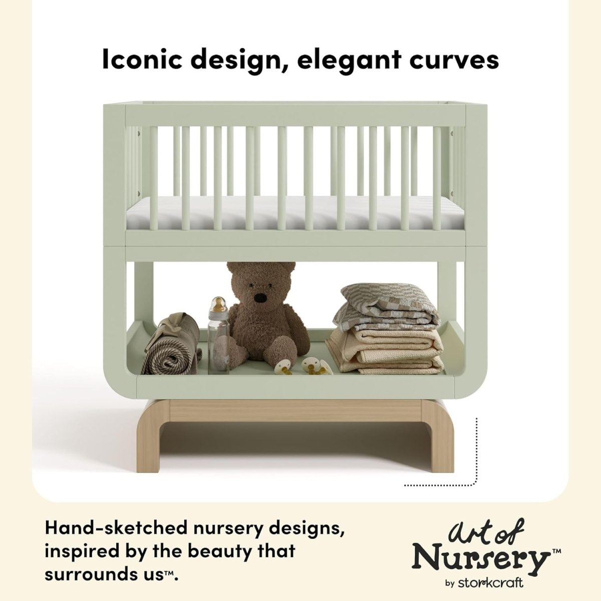 Storkcraft Santorini Deluxe 3 - in - 1 Convertible Bassinet (Sage with Driftwood) – GREENGUARD Gold Certified Wood Baby Bassinet, Includes Water - Resistant Mattress, Converts to Toy Box and Bookcase - LittleTreasures