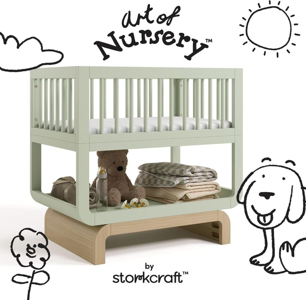 Storkcraft Santorini Deluxe 3 - in - 1 Convertible Bassinet (Sage with Driftwood) – GREENGUARD Gold Certified Wood Baby Bassinet, Includes Water - Resistant Mattress, Converts to Toy Box and Bookcase - LittleTreasures