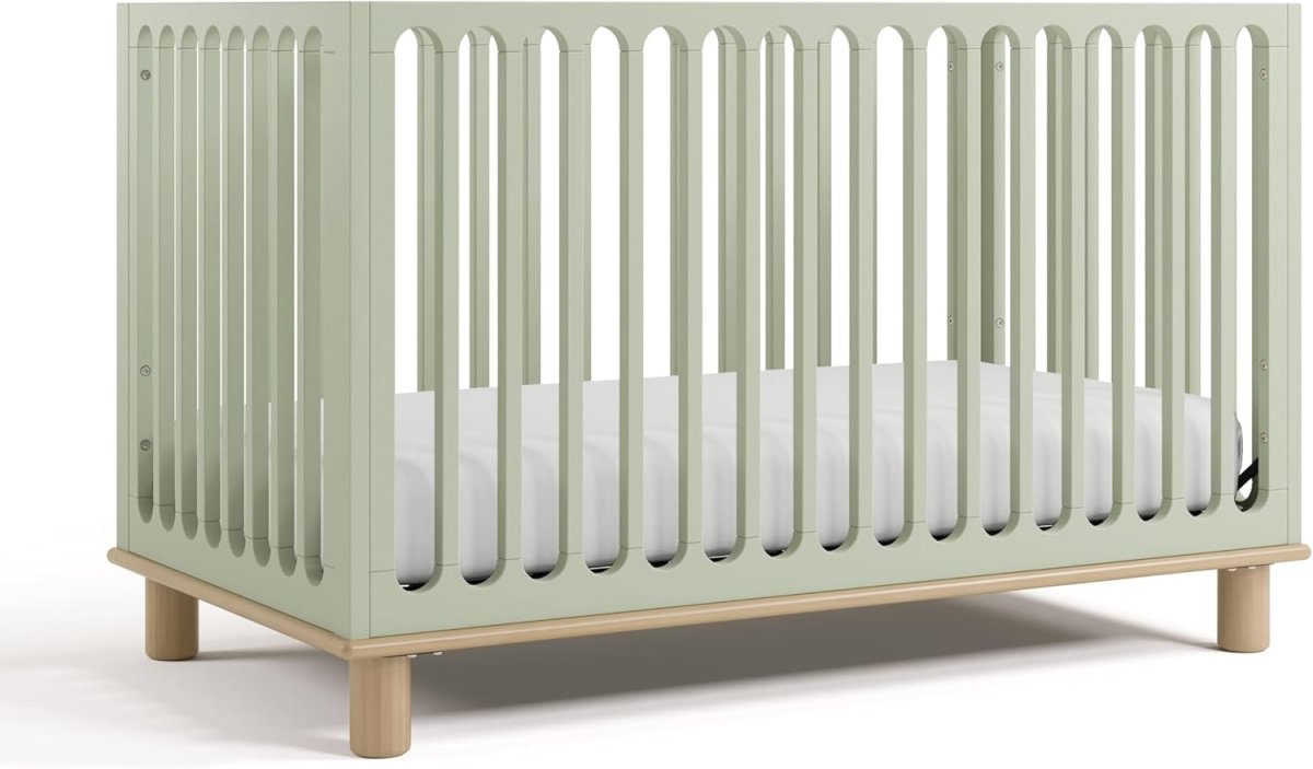 Storkcraft Sicily Convertible Crib with Toddler Guardrail (Sage with Driftwood) – GREENGUARD Gold Certified, Toddler Bed Conversion Kit Included, 100% Solid Wood, Fits Standard Crib Mattress - LittleTreasures