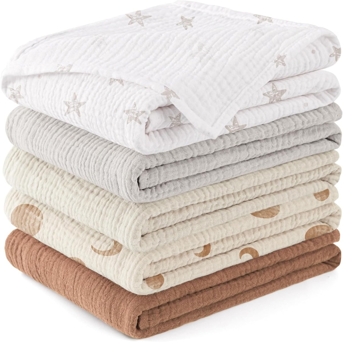 Susurration Muslin Baby Washcloths 23x23inch, Large Ultra - Absorbent 100% Cotton Baby Bath Wash Cloth Burp Cloth Soft Breathable Baby Face Towel for Newborn Baby Boy and Girl, 5Pack (Brown) - LittleTreasures