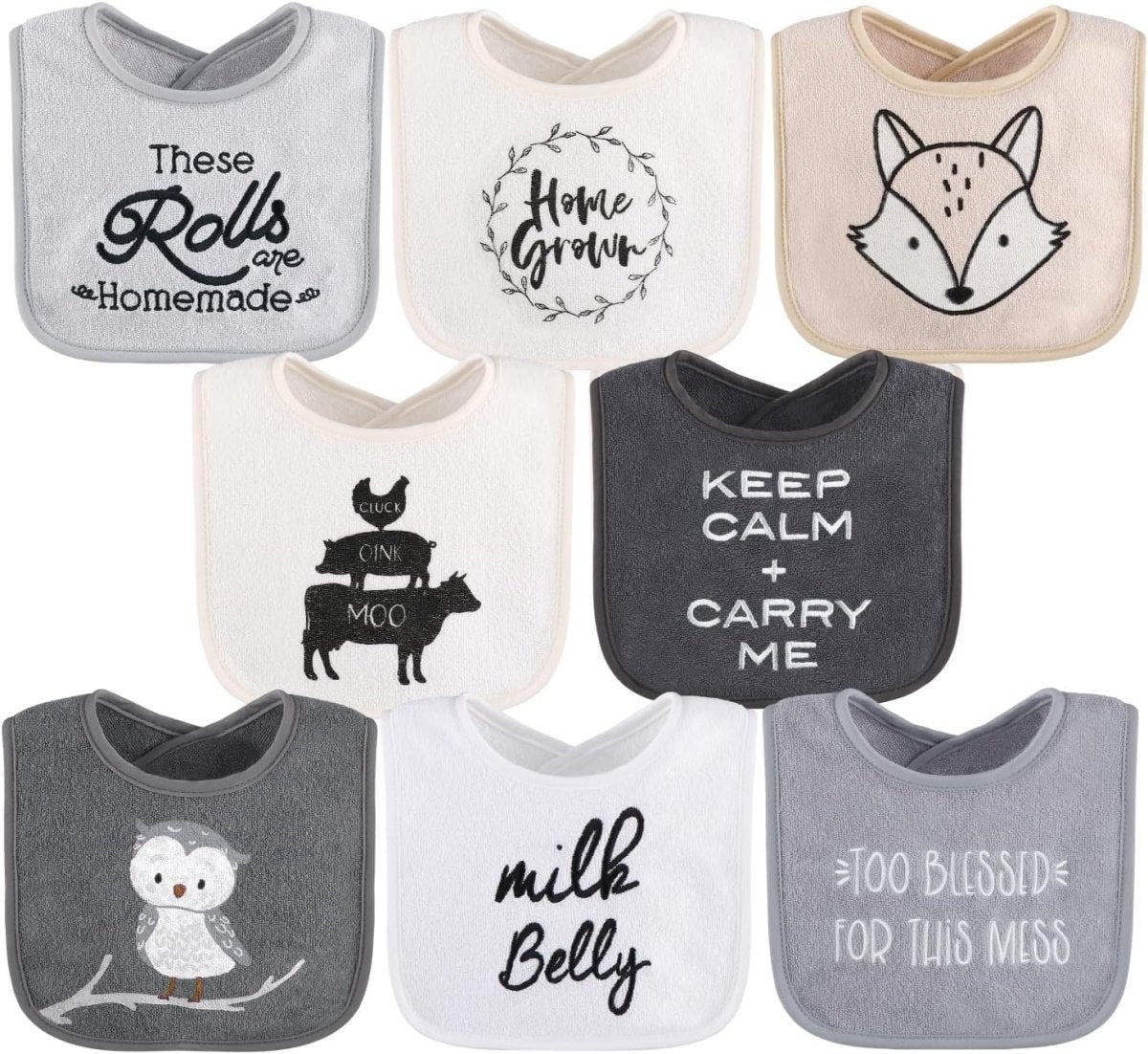 The Peanutshell Baby Boy or Girl Terry Bibs Set of 8 - 100% Cotton, Soft, Absorbent Baby Bibs for Boys and Girls, Unisex Toddler Set, Newborn & Infant - Black, White, Grey - LittleTreasures