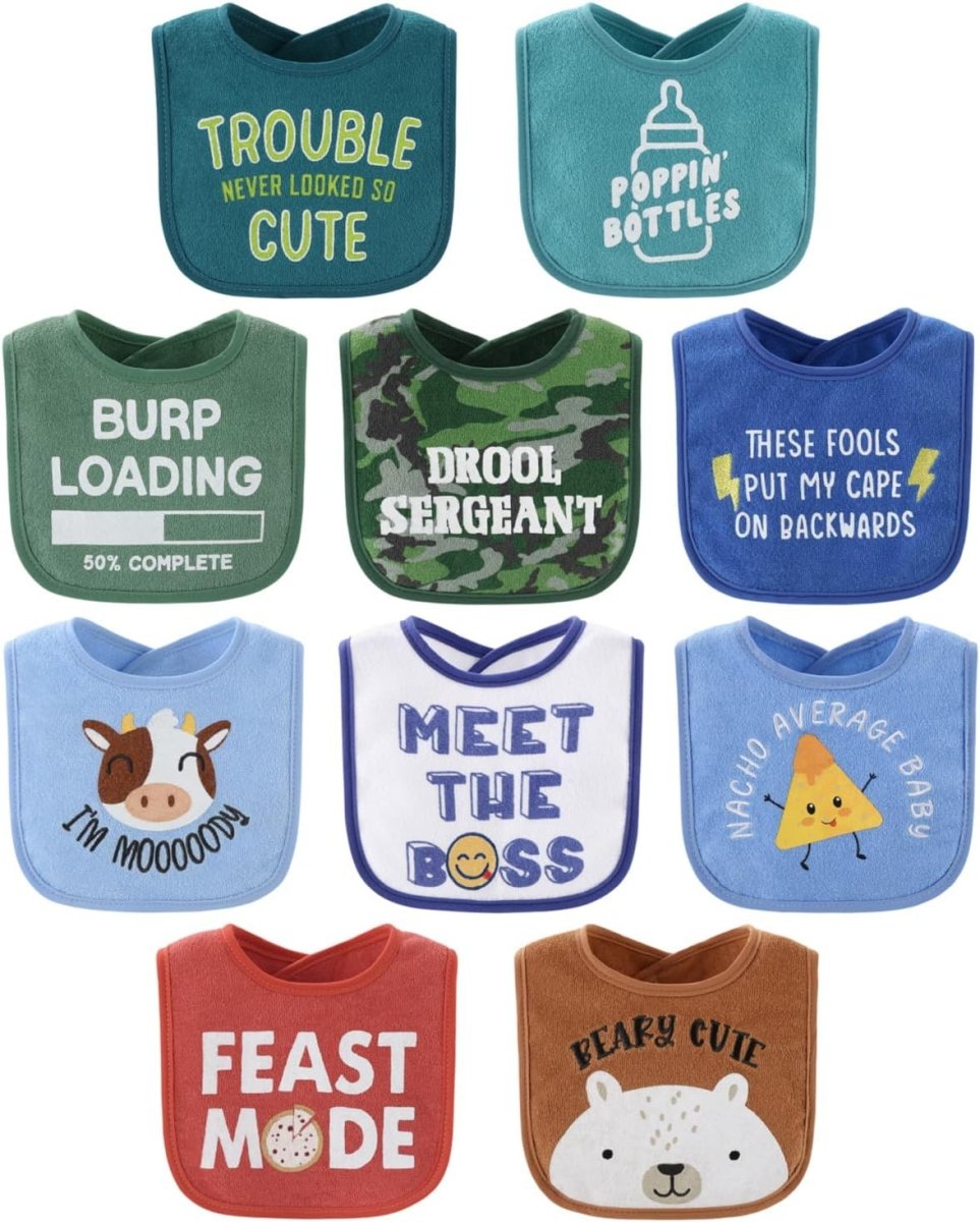 The Peanutshell Baby Boy Terry Bibs Set of 10 - 100% Cotton, Soft, Absorbent Baby Bibs, Toddler Boy Set, Newborn & Infant Bib - Oh Boy! - LittleTreasures