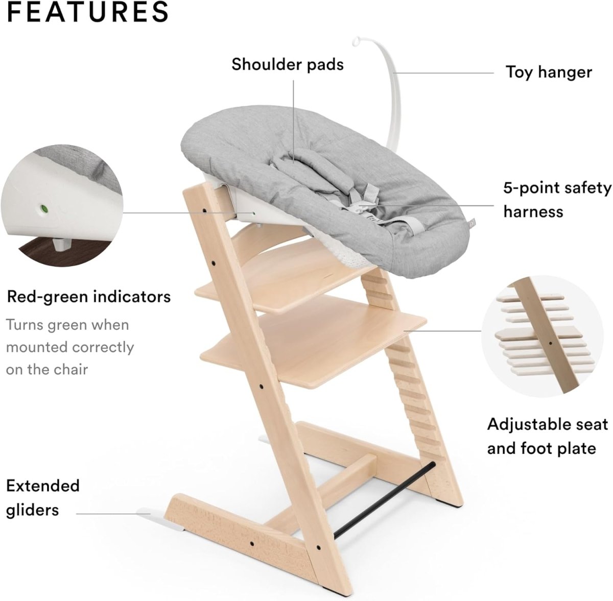 Tripp Trapp Chair from Stokke (Natural) + Tripp Trapp Newborn Set (Grey) - Cozy, Safe & Simple to Use - For Newborns Up to 20 lbs - LittleTreasures