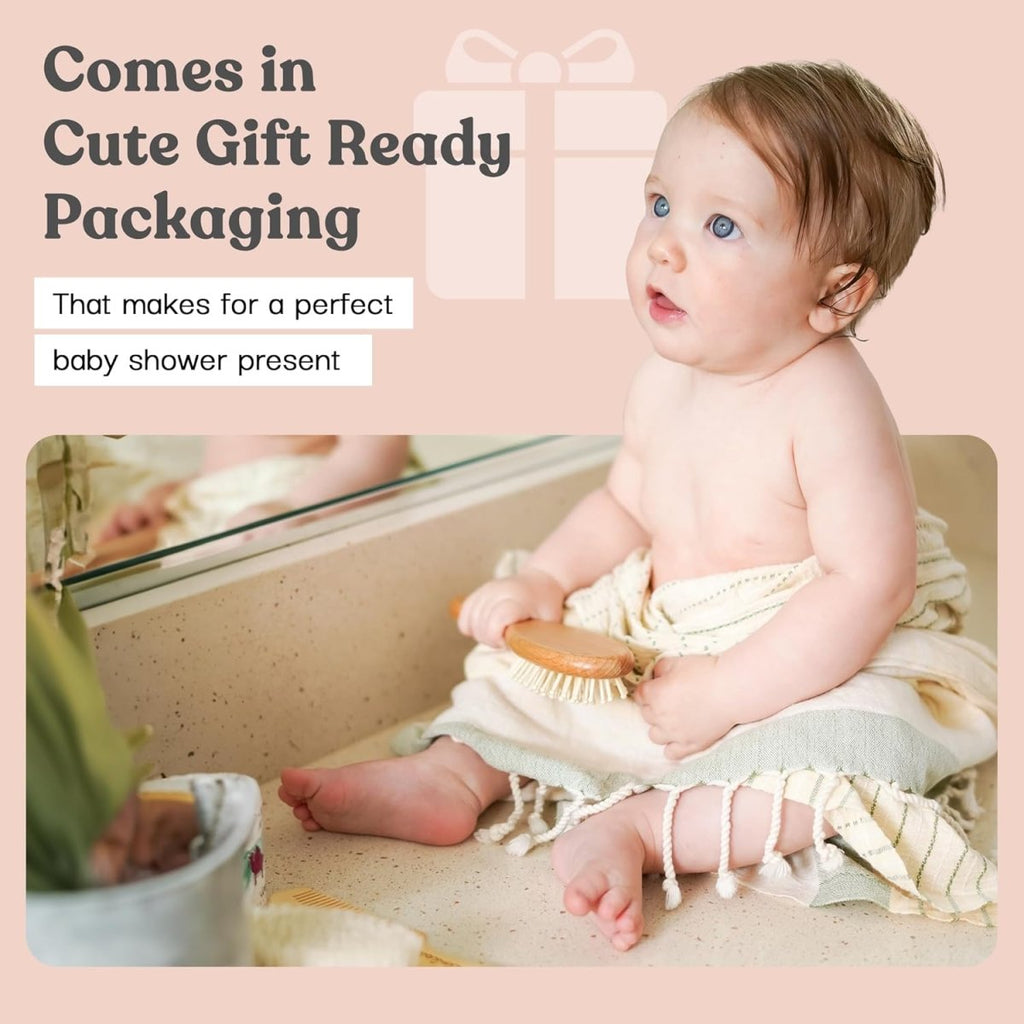 Ullabelle 4 Piece Wooden Baby Hair Brush and Comb Set for Newborns & Toddlers in Chic Gift Box - Ultra Soft Natural Goat Hair and Wood Baby Brush Set Prevents Cradle Cap - Perfect Registry Gift (Pink) - LittleTreasures