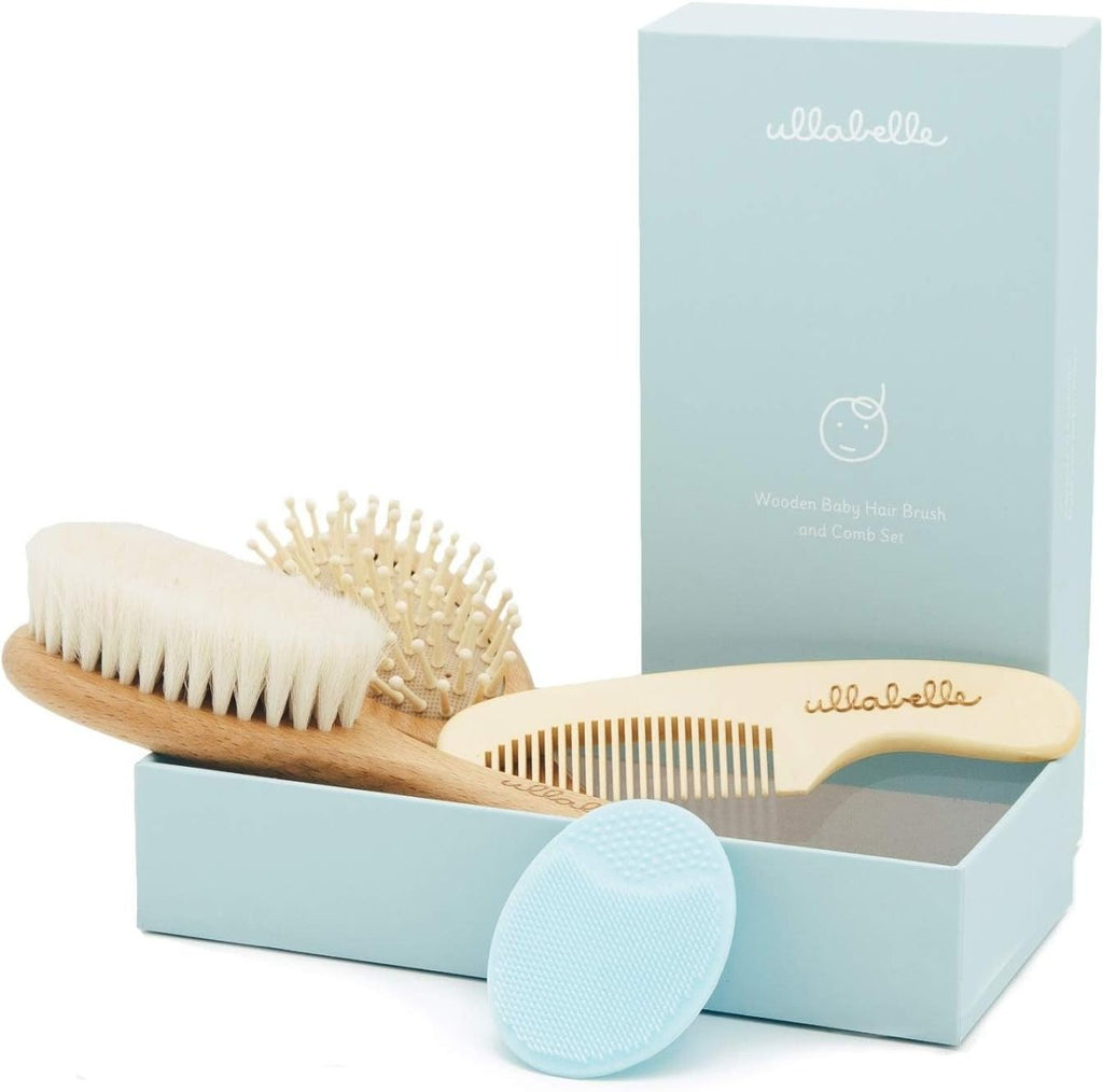 Ullabelle 4 Piece Wooden Baby Hair Brush and Comb Set for Newborns & Toddlers in Chic Gift Box - Ultra Soft Natural Goat Hair and Wood Baby Brush Set Prevents Cradle Cap - Perfect Registry Gift (Pink) - LittleTreasures
