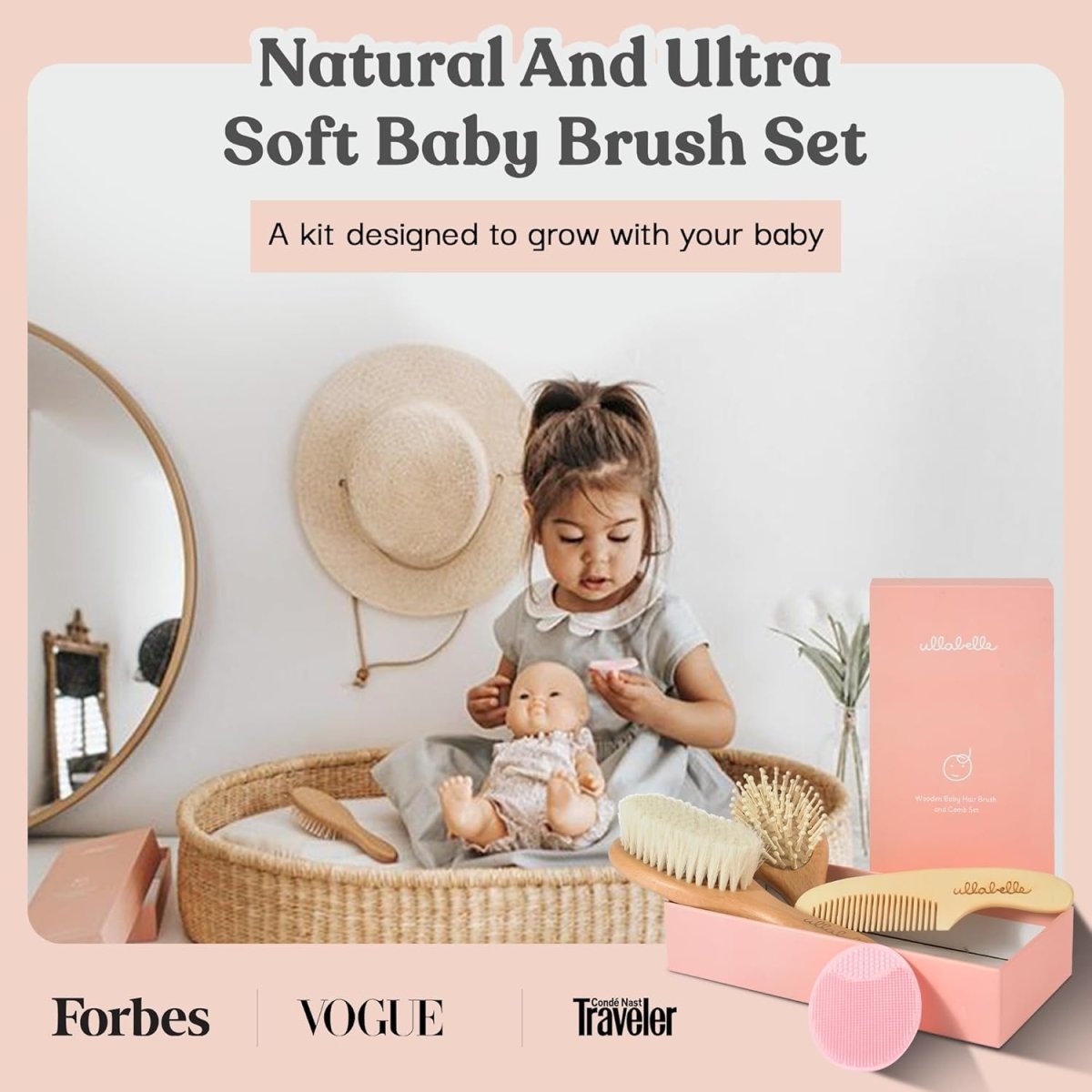 Ullabelle 4 Piece Wooden Baby Hair Brush and Comb Set for Newborns & Toddlers in Chic Gift Box - Ultra Soft Natural Goat Hair and Wood Baby Brush Set Prevents Cradle Cap - Perfect Registry Gift (Pink) - LittleTreasures