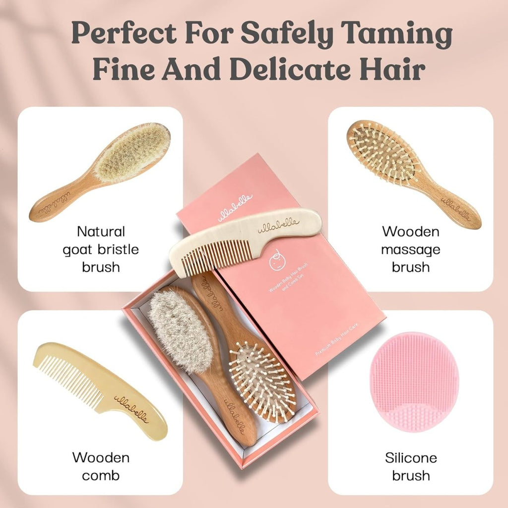 Ullabelle 4 Piece Wooden Baby Hair Brush and Comb Set for Newborns & Toddlers in Chic Gift Box - Ultra Soft Natural Goat Hair and Wood Baby Brush Set Prevents Cradle Cap - Perfect Registry Gift (Pink) - LittleTreasures