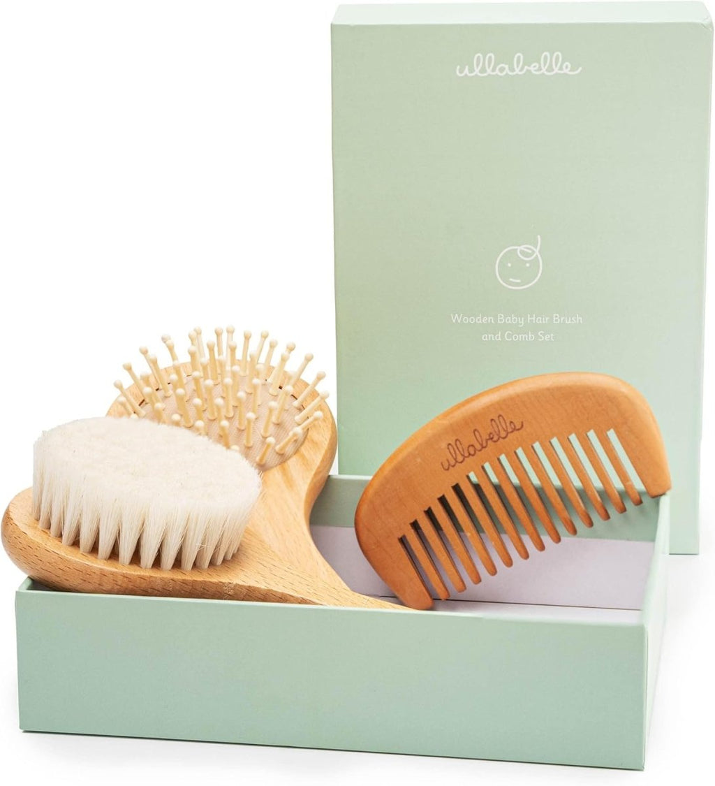 Ullabelle 4 Piece Wooden Baby Hair Brush and Comb Set for Newborns & Toddlers in Chic Gift Box - Ultra Soft Natural Goat Hair and Wood Baby Brush Set Prevents Cradle Cap - Perfect Registry Gift (Pink) - LittleTreasures