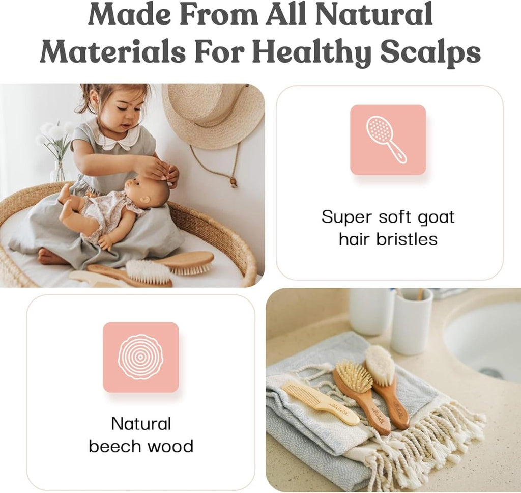 Ullabelle 4 Piece Wooden Baby Hair Brush and Comb Set for Newborns & Toddlers in Chic Gift Box - Ultra Soft Natural Goat Hair and Wood Baby Brush Set Prevents Cradle Cap - Perfect Registry Gift (Pink) - LittleTreasures