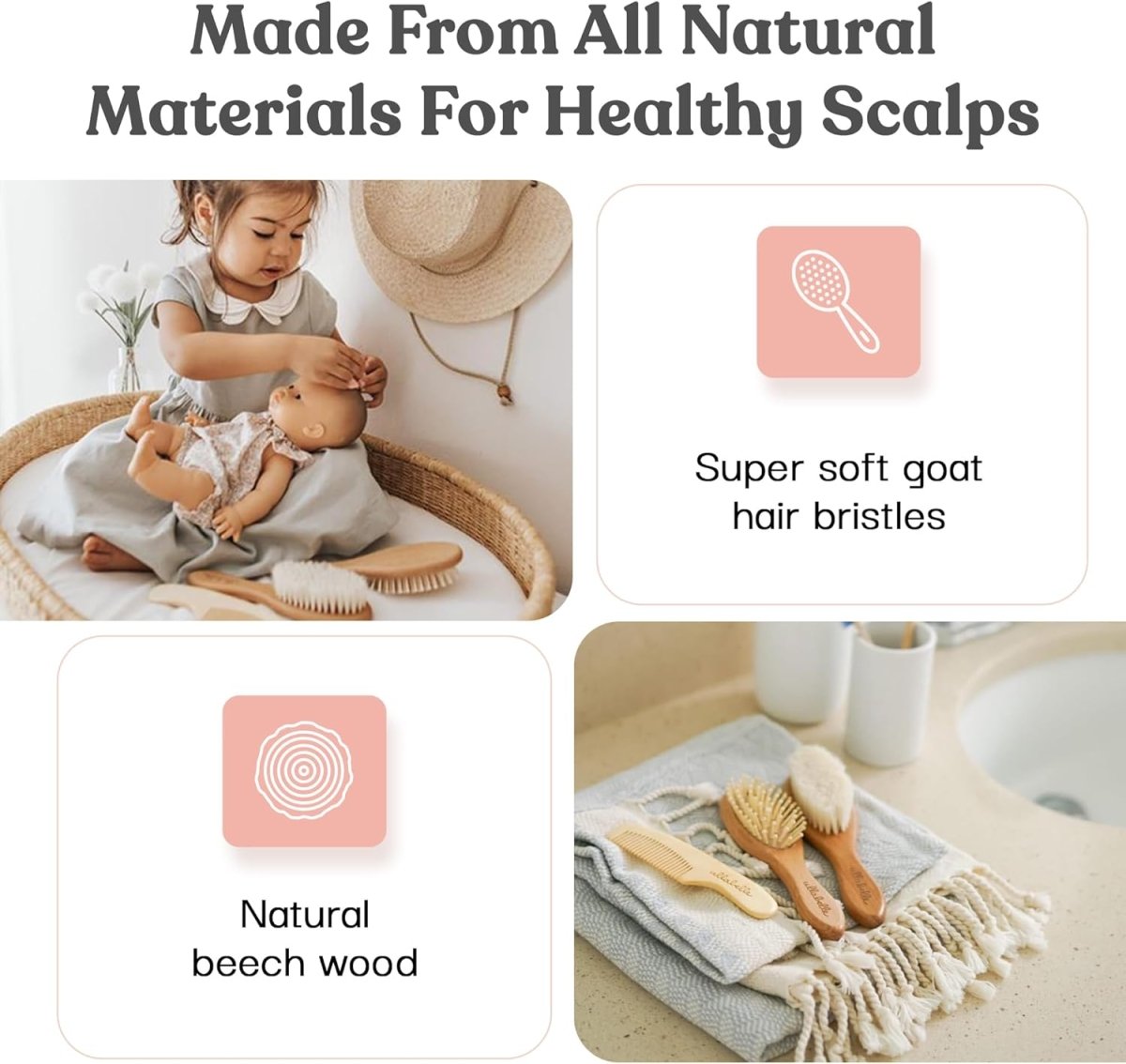Ullabelle 4 Piece Wooden Baby Hair Brush and Comb Set for Newborns & Toddlers in Chic Gift Box - Ultra Soft Natural Goat Hair and Wood Baby Brush Set Prevents Cradle Cap - Perfect Registry Gift (Pink) - LittleTreasures