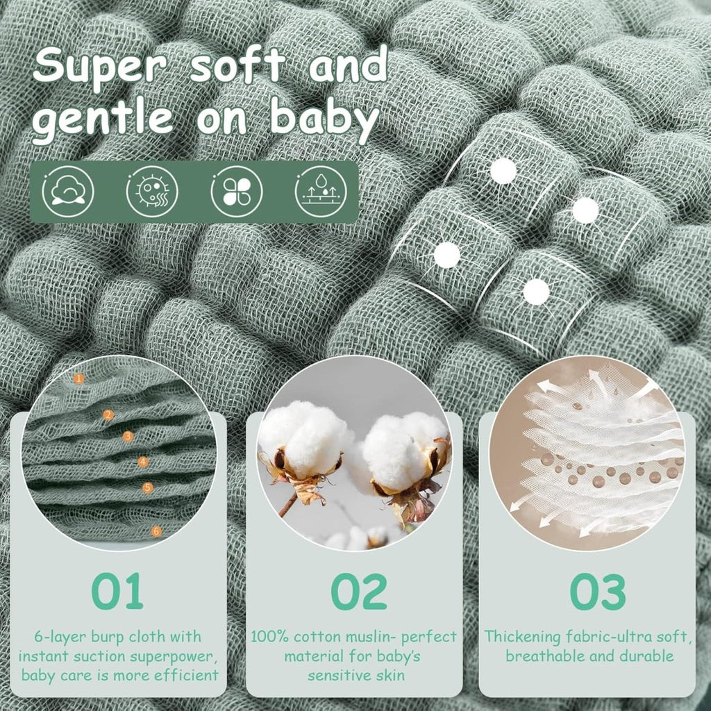 Ultra - Soft Organic Cotton Muslin Baby Burp Cloths - 6 Layer Absorbent - LittleTreasures