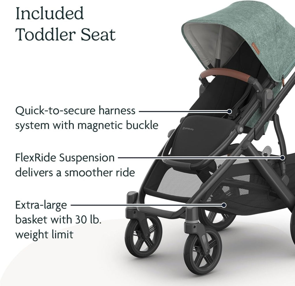 UPPAbaby Vista V3 Stroller - Full - Size Single - to - Double Stroller System - Toddler Seat, Bug Shield, Rain Shield, and Storage Bag Included - Gwen (Green Mélange/Carbon Frame/Saddle Leather) - LittleTreasures