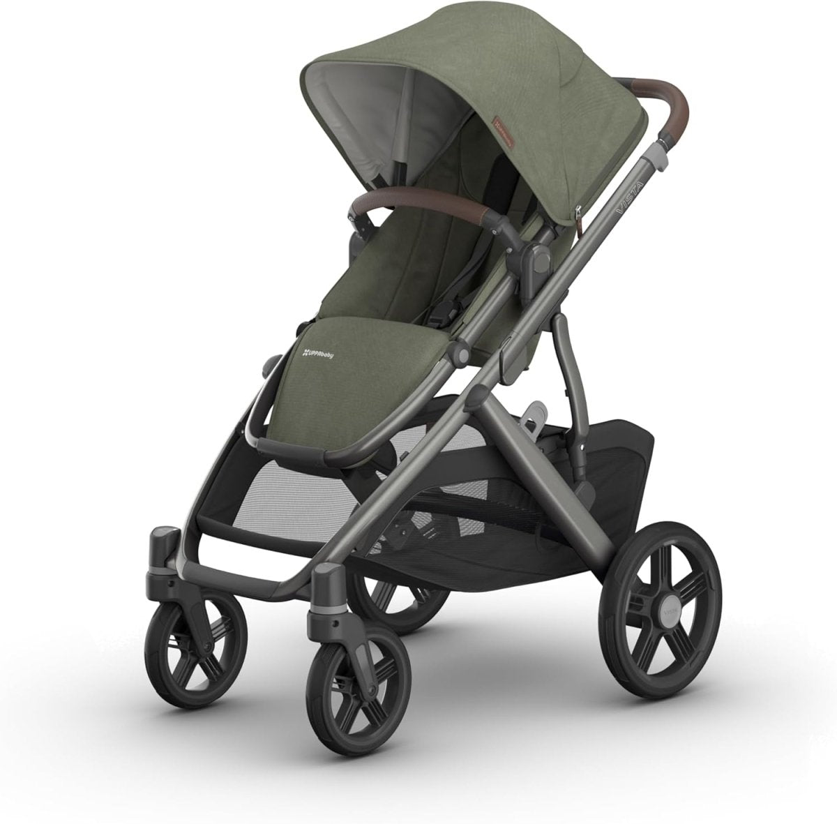 UPPAbaby Vista V3 Stroller - Full - Size Single - to - Double Stroller System - Toddler Seat, Bug Shield, Rain Shield, and Storage Bag Included - Gwen (Green Mélange/Carbon Frame/Saddle Leather) - LittleTreasures