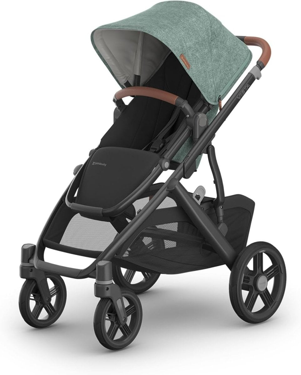 UPPAbaby Vista V3 Stroller - Full - Size Single - to - Double Stroller System - Toddler Seat, Bug Shield, Rain Shield, and Storage Bag Included - Gwen (Green Mélange/Carbon Frame/Saddle Leather) - LittleTreasures
