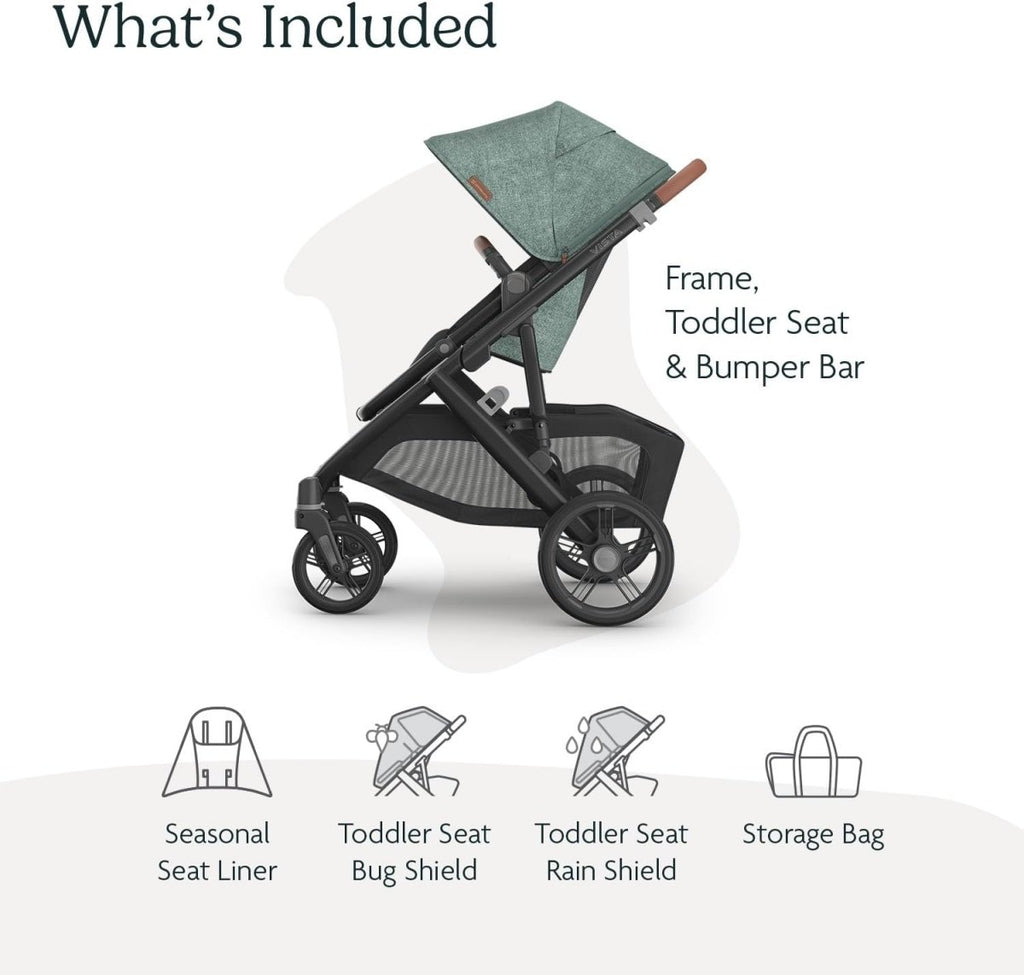 UPPAbaby Vista V3 Stroller - Full - Size Single - to - Double Stroller System - Toddler Seat, Bug Shield, Rain Shield, and Storage Bag Included - Gwen (Green Mélange/Carbon Frame/Saddle Leather) - LittleTreasures