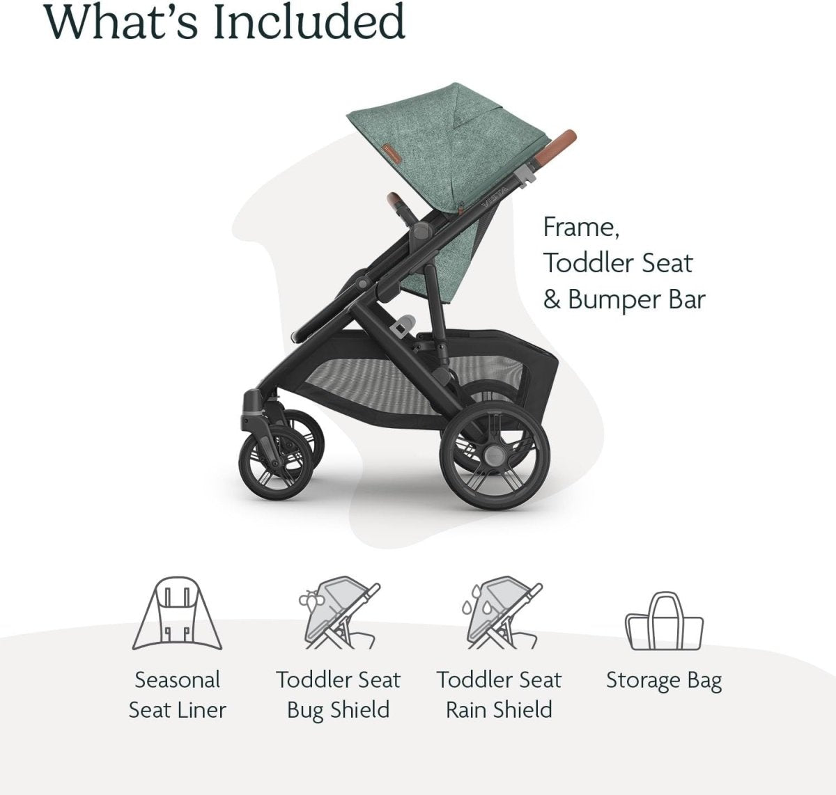 UPPAbaby Vista V3 Stroller - Full - Size Single - to - Double Stroller System - Toddler Seat, Bug Shield, Rain Shield, and Storage Bag Included - Gwen (Green Mélange/Carbon Frame/Saddle Leather) - LittleTreasures