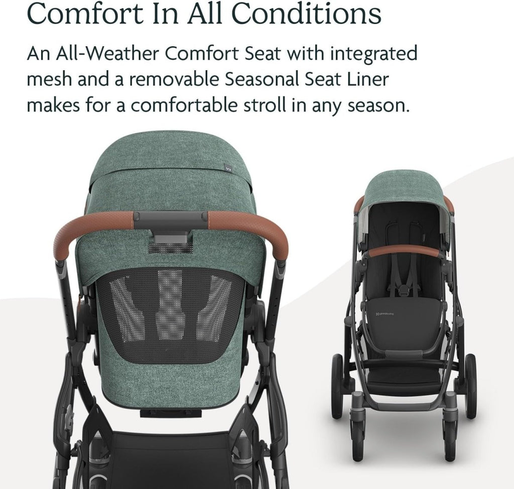 UPPAbaby Vista V3 Stroller - Full - Size Single - to - Double Stroller System - Toddler Seat, Bug Shield, Rain Shield, and Storage Bag Included - Gwen (Green Mélange/Carbon Frame/Saddle Leather) - LittleTreasures