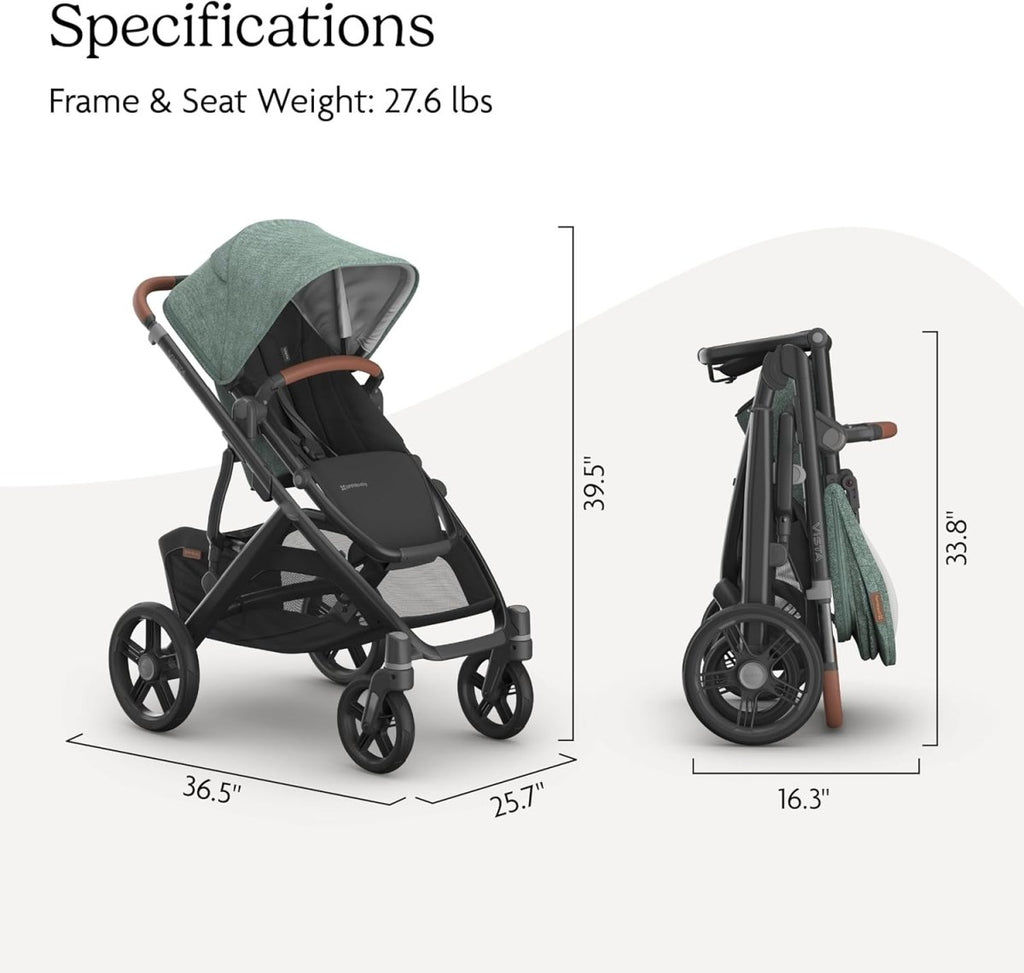 UPPAbaby Vista V3 Stroller - Full - Size Single - to - Double Stroller System - Toddler Seat, Bug Shield, Rain Shield, and Storage Bag Included - Gwen (Green Mélange/Carbon Frame/Saddle Leather) - LittleTreasures